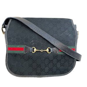 Authentic Gucci Shoulder Bag Black Canvas Used GG Handbag Vintage.